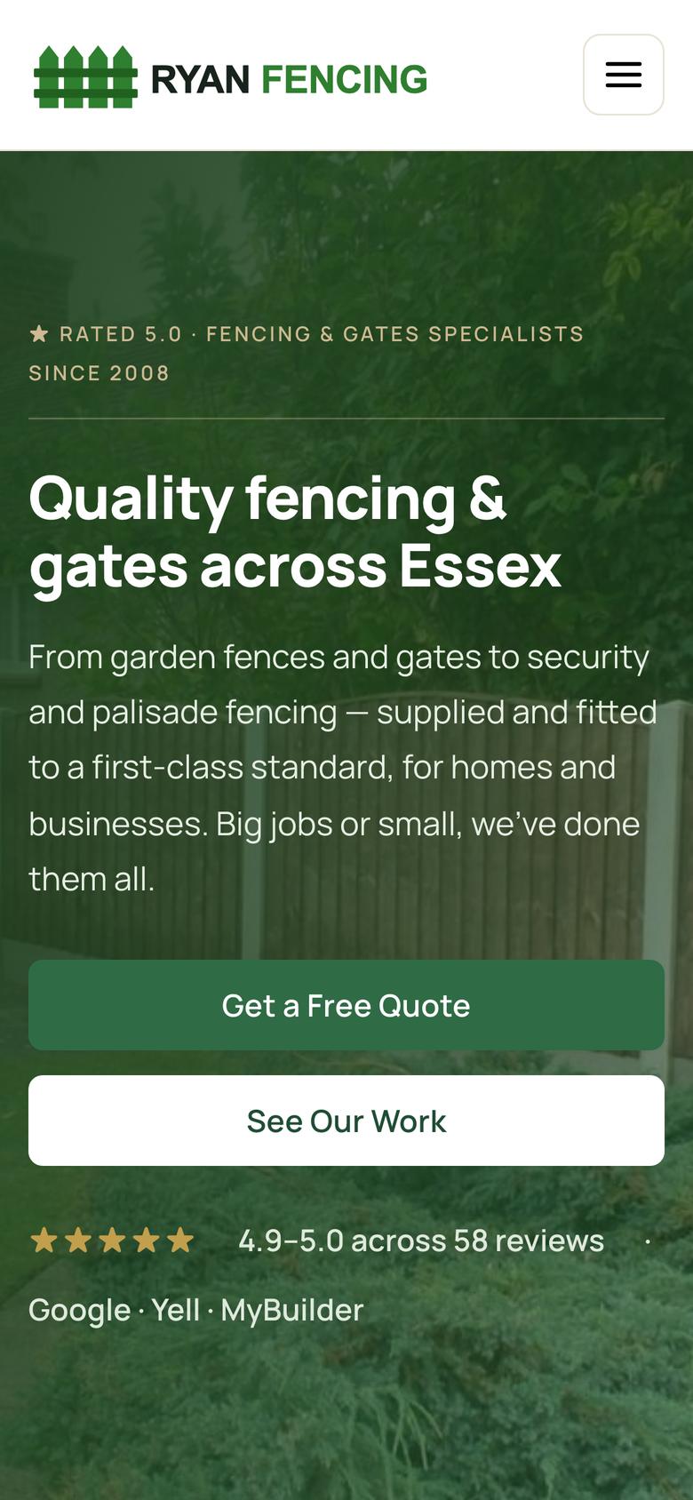 The Ryan Fencing website on a phone